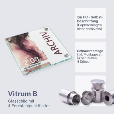 Tuerschild VITRUM B , Glasschild fuer Buero 180 180 mm